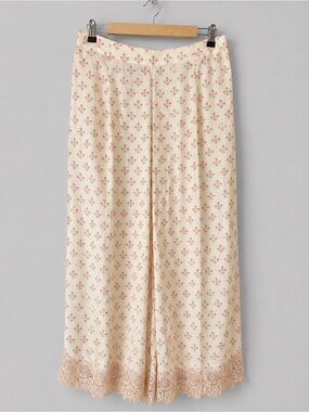 ETHNC Floral Print Wide Leg Pants Cream Pink Lace Hem Boho Palazzo
